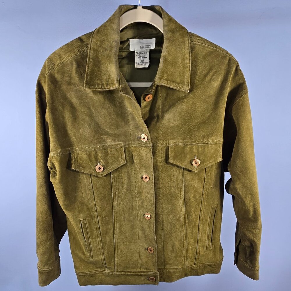 Laurice Woman's Leather Jacket Army Green Rayon Lining 4 Pockets Size Medium